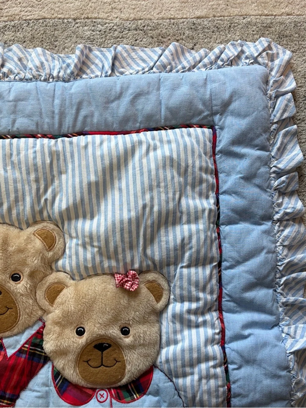 Vintage NoJo USA Teddy Bear Baby Blanket Quilt Playmat Ruffle Blue Striped 90s